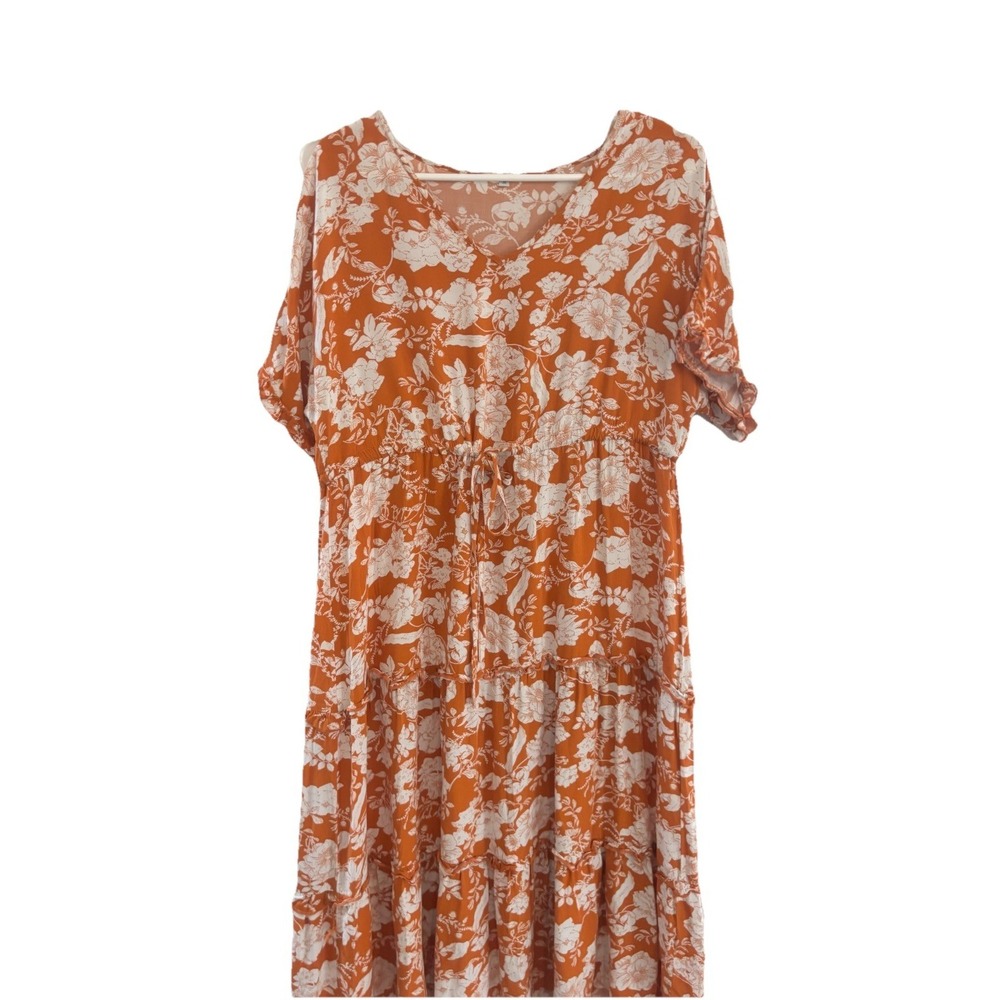 Floral Midi Dress M White Burnt Orange Boho Tiered V Neck Short Sleeve Tie Waist - Picture 2 of 11